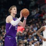 Dec 1, 2025; Salt Lake City, Utah, USA; Utah Jazz forward Lauri Markkanen (23) shoots a technical free throw against the Houston Rockets during the first quarter at Delta Center. Mandatory Credit: Chris Nicoll-Imagn Images