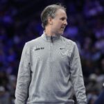 Dec 2, 2025; Philadelphia, Pennsylvania, USA; Washington Wizards head coach Brian Keefe looks on against the Philadelphia 76ers in the second quarter at Xfinity Mobile Arena. Mandatory Credit: Kyle Ross-Imagn Images