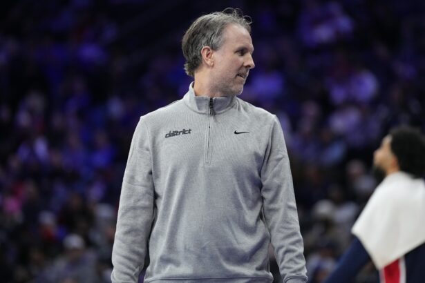 Dec 2, 2025; Philadelphia, Pennsylvania, USA; Washington Wizards head coach Brian Keefe looks on against the Philadelphia 76ers in the second quarter at Xfinity Mobile Arena. Mandatory Credit: Kyle Ross-Imagn Images