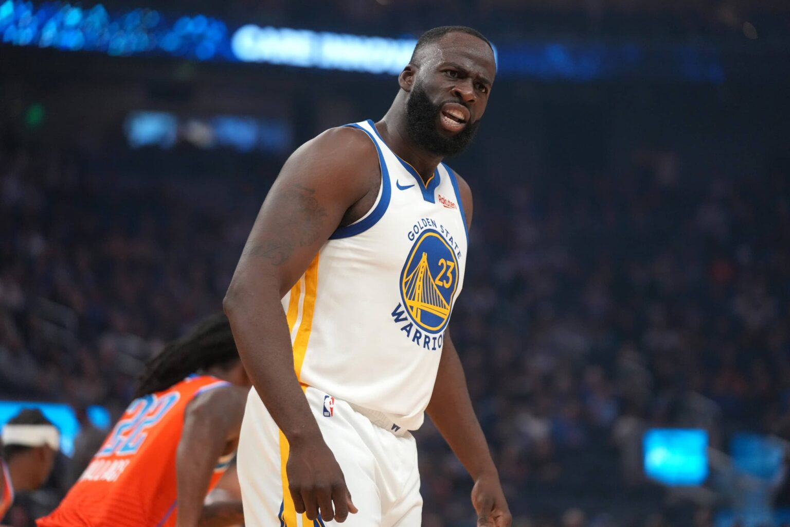 Dec 2, 2025; San Francisco, California, USA; Golden State Warriors forward Draymond Green (23) reacts after missing a shot against the Oklahoma City Thunder in the first quarter at the Chase Center. Mandatory Credit: Cary Edmondson-Imagn Images