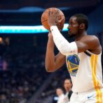 Dec 2, 2025; San Francisco, California, USA; Golden State Warriors forward Jonathan Kuminga (1) shoots the ball against the Oklahoma City Thunder in the first quarter at the Chase Center. Mandatory Credit: Cary Edmondson-Imagn Images