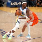 Dec 2, 2025; San Francisco, California, USA; Golden State Warriors forward Jimmy Butler III (10) drives to the hoop against the Oklahoma City Thunder in the second quarter at the Chase Center. Mandatory Credit: Cary Edmondson-Imagn Images