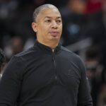 Dec 3, 2025; Atlanta, Georgia, USA; LA Clippers head coach Tyronn Lue on the court during the game against the Atlanta Hawks during the first half at State Farm Arena. Mandatory Credit: Dale Zanine-Imagn Images