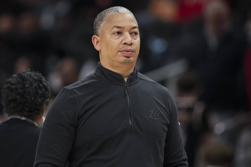 Dec 3, 2025; Atlanta, Georgia, USA; LA Clippers head coach Tyronn Lue on the court during the game against the Atlanta Hawks during the first half at State Farm Arena. Mandatory Credit: Dale Zanine-Imagn Images