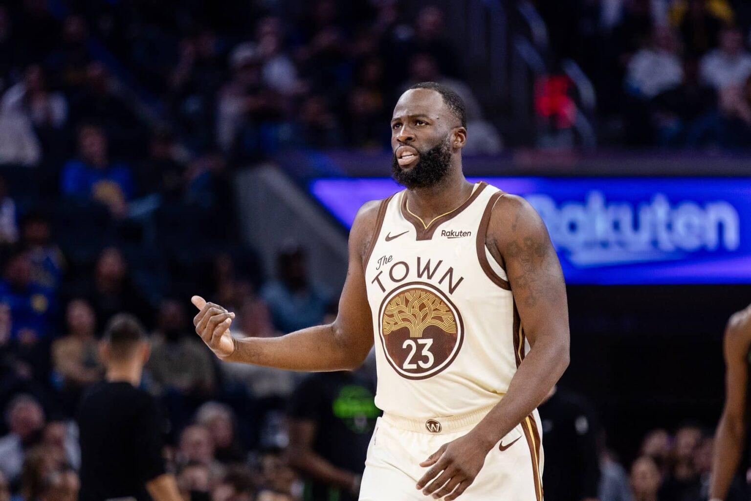 Nov 29, 2025; San Francisco, California, USA; Golden State Warriors forward Draymond Green (23) gestures during the second quarter against the New Orleans Pelicans at Chase Center. Mandatory Credit: John Hefti-Imagn Images