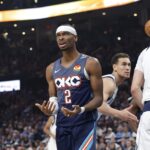 Dec 5, 2025; Oklahoma City, Oklahoma, USA; Oklahoma City Thunder guard Shai Gilgeous-Alexander (2) reacts after a call against him following a defensive play against the Dallas Mavericks during the second quarter at Paycom Center. Mandatory Credit: Alonzo Adams-Imagn Images