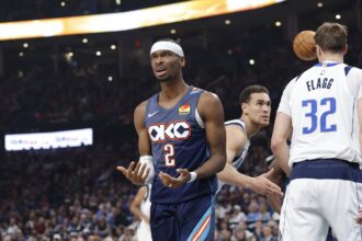 Dec 5, 2025; Oklahoma City, Oklahoma, USA; Oklahoma City Thunder guard Shai Gilgeous-Alexander (2) reacts after a call against him following a defensive play against the Dallas Mavericks during the second quarter at Paycom Center. Mandatory Credit: Alonzo Adams-Imagn Images