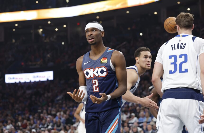 Dec 5, 2025; Oklahoma City, Oklahoma, USA; Oklahoma City Thunder guard Shai Gilgeous-Alexander (2) reacts after a call against him following a defensive play against the Dallas Mavericks during the second quarter at Paycom Center. Mandatory Credit: Alonzo Adams-Imagn Images