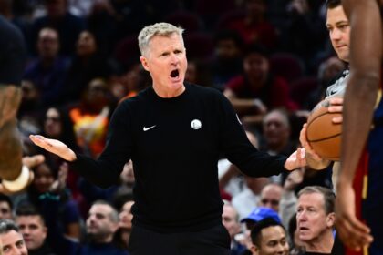 Dec 6, 2025; Cleveland, Ohio, USA; Golden State Warriors head coach Steve Kerr reacts against the Cleveland Cavaliers during the second half at Rocket Arena. Mandatory Credit: Ken Blaze-Imagn Images