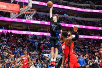 Dec 6, 2025; Dallas, Texas, USA; Dallas Mavericks forward Cooper Flagg (32) dunks during the fourth quarter against the Houston Rockets at American Airlines Center. Mandatory Credit: Andrew Dieb-Imagn Images
