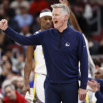 Dec 7, 2025; Chicago, Illinois, USA; Golden State Warriors head coach Steve Kerr reacts during the first half at United Center. Mandatory Credit: Kamil Krzaczynski-Imagn Images