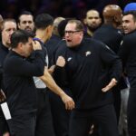 Dec 7, 2025; Philadelphia, Pennsylvania, USA; Philadelphia 76ers head coach Nick Nurse argues with an official after a technical foul on Tyrese Maxey (not pictured) during the first quarter against the Los Angeles Lakers at Xfinity Mobile Arena. Mandatory Credit: Bill Streicher-Imagn Images