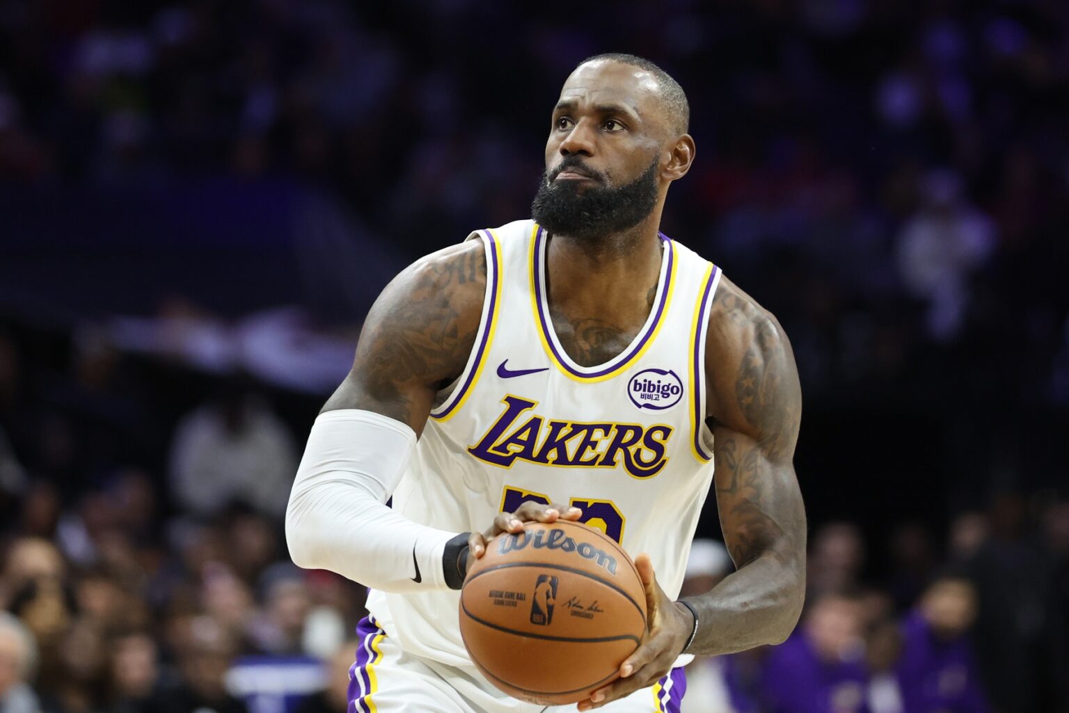 Dec 7, 2025; Philadelphia, Pennsylvania, USA; Los Angeles Lakers forward Lebron James (23) shoots against the Philadelphia 76ers during the fourth quarter at Xfinity Mobile Arena. Mandatory Credit: Bill Streicher-Imagn Images