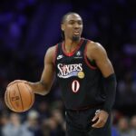 Dec 7, 2025; Philadelphia, Pennsylvania, USA; Philadelphia 76ers guard Tyrese Maxey plays against the Los Angeles Lakers during the third quarter at Xfinity Mobile Arena. Mandatory Credit: Bill Streicher-Imagn Images