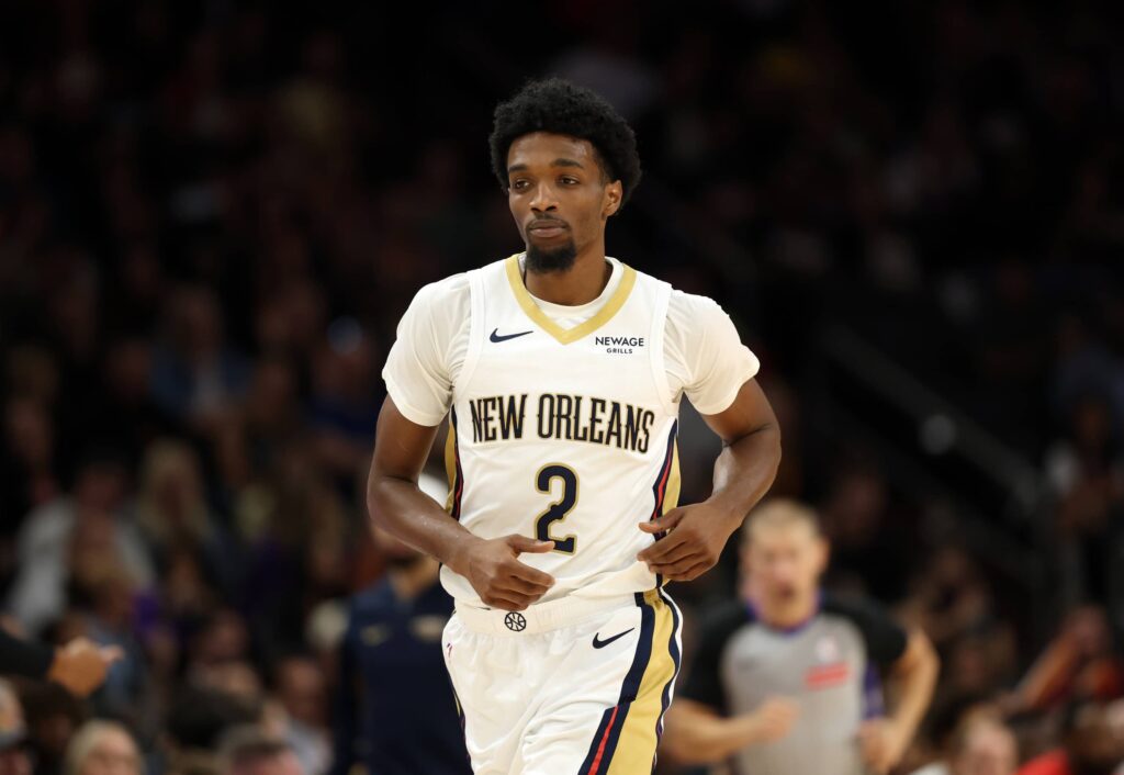 Nov 10, 2025; Phoenix, Arizona, USA; New Orleans Pelicans forward Herb Jones (2) against the Phoenix Suns at the Mortgage Matchup Center. Mandatory Credit: Mark J. Rebilas-Imagn Images