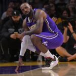 Dec 10, 2025; Los Angeles, California, USA; Los Angeles Lakers forward Lebron James (23) reacts after a foul call during the second half against the San Antonio Spurs at Crypto.com Arena. Mandatory Credit: Jayne Kamin-Oncea-Imagn Images