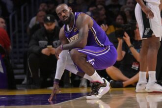 Dec 10, 2025; Los Angeles, California, USA; Los Angeles Lakers forward Lebron James (23) reacts after a foul call during the second half against the San Antonio Spurs at Crypto.com Arena. Mandatory Credit: Jayne Kamin-Oncea-Imagn Images