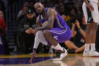 Dec 10, 2025; Los Angeles, California, USA; Los Angeles Lakers forward Lebron James (23) reacts after a foul call during the second half against the San Antonio Spurs at Crypto.com Arena. Mandatory Credit: Jayne Kamin-Oncea-Imagn Images