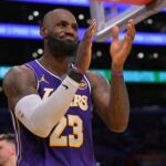 Dec 10, 2025; Los Angeles, California, USA; Los Angeles Lakers forward Lebron James (23) reacts after a missed basket during the second half against the San Antonio Spurs at Crypto.com Arena. Mandatory Credit: Jayne Kamin-Oncea-Imagn Images