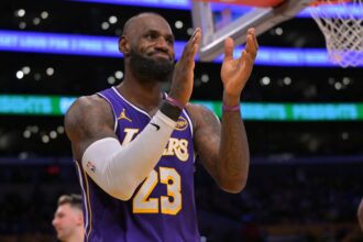 Dec 10, 2025; Los Angeles, California, USA; Los Angeles Lakers forward Lebron James (23) reacts after a missed basket during the second half against the San Antonio Spurs at Crypto.com Arena. Mandatory Credit: Jayne Kamin-Oncea-Imagn Images