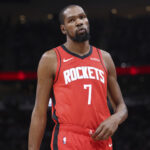 Dec 11, 2025; Houston, Texas, USA; Houston Rockets forward Kevin Durant (7) reacts during the third quarter against the Los Angeles Clippers at Toyota Center. Mandatory Credit: Troy Taormina-Imagn Images