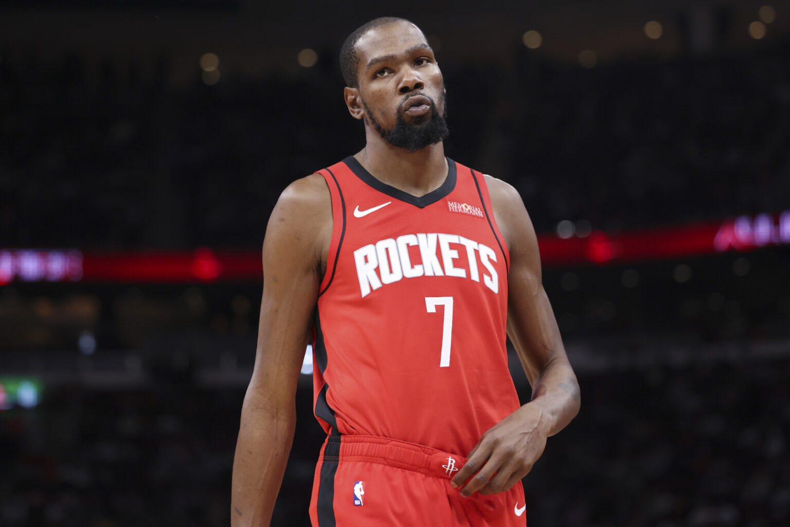 Dec 11, 2025; Houston, Texas, USA; Houston Rockets forward Kevin Durant (7) reacts during the third quarter against the Los Angeles Clippers at Toyota Center. Mandatory Credit: Troy Taormina-Imagn Images