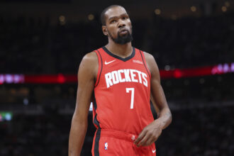 Dec 11, 2025; Houston, Texas, USA; Houston Rockets forward Kevin Durant (7) reacts during the third quarter against the Los Angeles Clippers at Toyota Center. Mandatory Credit: Troy Taormina-Imagn Images