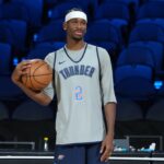 Dec 12, 2025; Las Vegas, NV, USA; Oklahoma City Thunder guard Shai Gilgeous-Alexander (2) reacts during practice prior to the Emirates Cup semifinals at T-Mobile Arena. Mandatory Credit: Kirby Lee-Imagn Images