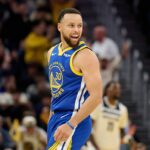 Dec 12, 2025; San Francisco, California, USA; Golden State Warriors guard Stephen Curry (30) reacts toward the Minnesota Timberwolves bench after making a three-point shot during the fourth quarter at Chase Center. Mandatory Credit: Robert Edwards-Imagn Images