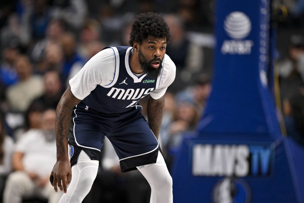 Dec 12, 2025; Dallas, Texas, USA; Dallas Mavericks forward Naji Marshall (13) looks on during the game between the Mavericks and the Nets at the American Airlines Center. Mandatory Credit: Jerome Miron-Imagn Images