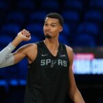 Dec 15, 2025; Las Vegas, NV, USA; San Antonio Spurs forward Victor Wembanyama (1) during practice prior to the Emirates NBA Cup championship at the T-Mobile Arena. Mandatory Credit: Kirby Lee-Imagn Images