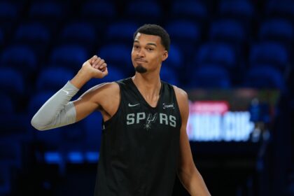 Dec 15, 2025; Las Vegas, NV, USA; San Antonio Spurs forward Victor Wembanyama (1) during practice prior to the Emirates NBA Cup championship at the T-Mobile Arena. Mandatory Credit: Kirby Lee-Imagn Images