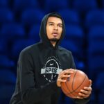 Dec 15, 2025; Las Vegas, NV, USA; San Antonio Spurs forward Victor Wembanyama (1) shoots the ball during practice prior to the Emirates NBA Cup championship at the T-Mobile Arena. Mandatory Credit: Kirby Lee-Imagn Images