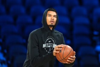 Dec 15, 2025; Las Vegas, NV, USA; San Antonio Spurs forward Victor Wembanyama (1) shoots the ball during practice prior to the Emirates NBA Cup championship at the T-Mobile Arena. Mandatory Credit: Kirby Lee-Imagn Images