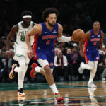Dec 15, 2025; Boston, Massachusetts, USA; Detroit Pistons guard Cade Cunningham (2) brings the ball up the court against the Boston Celtics during the first quarter at TD Garden. Mandatory Credit: Winslow Townson-Imagn Images