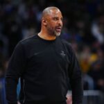 Dec 15, 2025; Denver, Colorado, USA; Houston Rockets head coach Ime Udoka during the second quarter against the Denver Nuggets at Ball Arena. Mandatory Credit: Ron Chenoy-Imagn Images