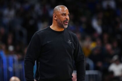 Dec 15, 2025; Denver, Colorado, USA; Houston Rockets head coach Ime Udoka during the second quarter against the Denver Nuggets at Ball Arena. Mandatory Credit: Ron Chenoy-Imagn Images