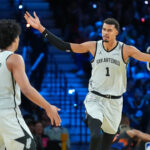 Dec 16, 2025; Las Vegas, Nevada, USA; San Antonio Spurs forward Victor Wembanyama (1) reacts against the New York Knicks in the second half during the Emirates NBA Cup Final at T-Mobile Arena. Mandatory Credit: Kirby Lee-Imagn Images