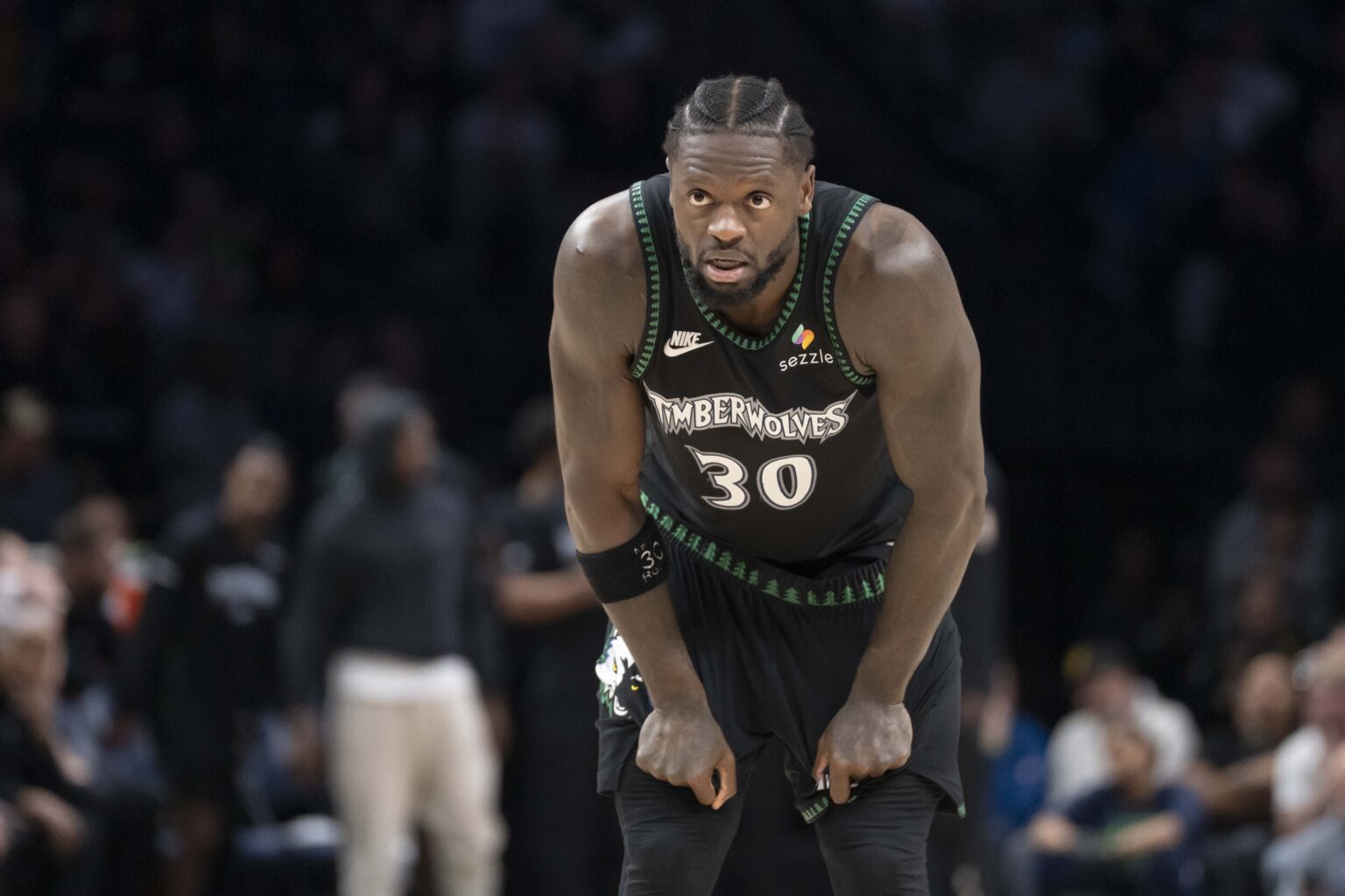 Dec 17, 2025; Minneapolis, Minnesota, USA; Minnesota Timberwolves forward Julius Randle (30) looks on against the Memphis Grizzlies in the second half at Target Center. Mandatory Credit: Jesse Johnson-Imagn Images