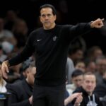 Dec 18, 2025; Brooklyn, New York, USA; Miami Heat head coach Erik Spoelstra coaches against the Brooklyn Nets during the fourth quarter at Barclays Center. Mandatory Credit: Brad Penner-Imagn Images