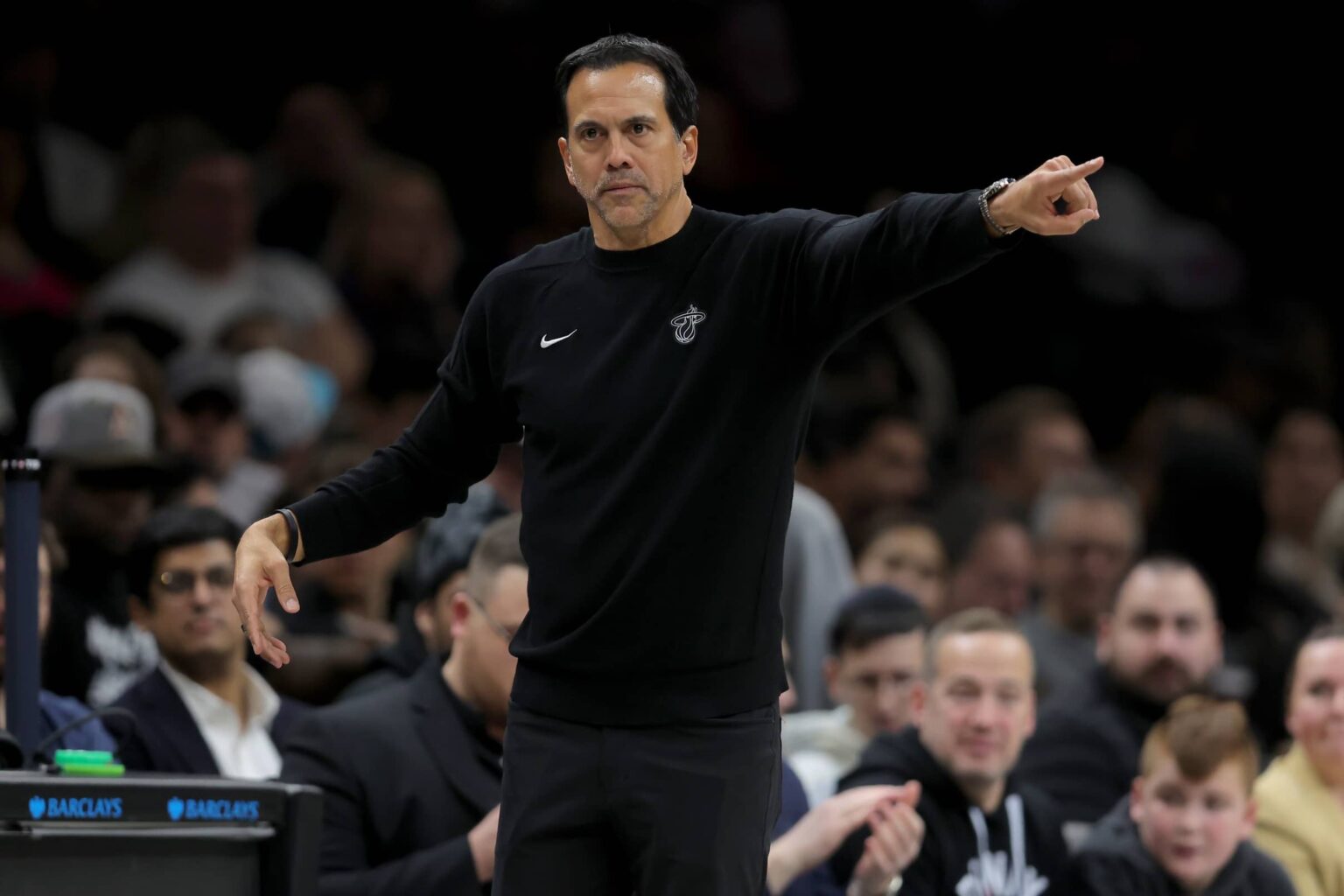Dec 18, 2025; Brooklyn, New York, USA; Miami Heat head coach Erik Spoelstra coaches against the Brooklyn Nets during the fourth quarter at Barclays Center. Mandatory Credit: Brad Penner-Imagn Images