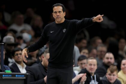 Dec 18, 2025; Brooklyn, New York, USA; Miami Heat head coach Erik Spoelstra coaches against the Brooklyn Nets during the fourth quarter at Barclays Center. Mandatory Credit: Brad Penner-Imagn Images