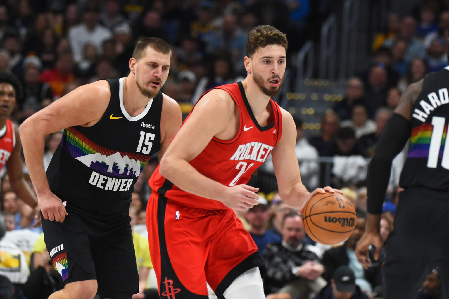 Dec 20, 2025; Denver, Colorado, USA; Houston Rockets center Alperen Sengun (28) moves the ball up the floor during the first half against the Denver Nuggets at Ball Arena. Mandatory Credit: Christopher Hanewinckel-Imagn Images