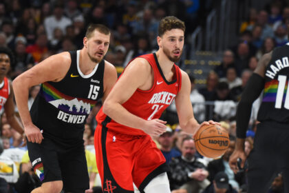 Dec 20, 2025; Denver, Colorado, USA; Houston Rockets center Alperen Sengun (28) moves the ball up the floor during the first half against the Denver Nuggets at Ball Arena. Mandatory Credit: Christopher Hanewinckel-Imagn Images