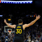 Dec 20, 2025; San Francisco, California, USA; Golden State Warriors guard Stephen Curry (30) reacts after scoring against the Phoenix Suns during the fourth quarter at Chase Center. Mandatory Credit: John Hefti-Imagn Images