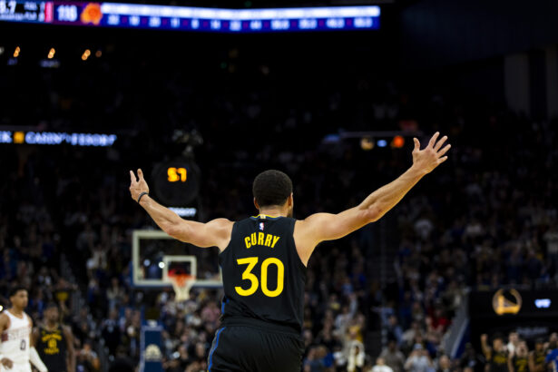 Dec 20, 2025; San Francisco, California, USA; Golden State Warriors guard Stephen Curry (30) reacts after scoring against the Phoenix Suns during the fourth quarter at Chase Center. Mandatory Credit: John Hefti-Imagn Images