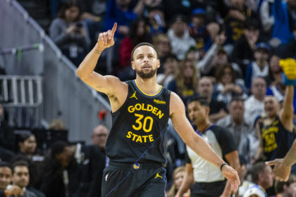 Dec 20, 2025; San Francisco, California, USA; Golden State Warriors guard Stephen Curry (30) reacts after scoring against the Phoenix Suns during the fourth quarter at Chase Center. Mandatory Credit: John Hefti-Imagn Images