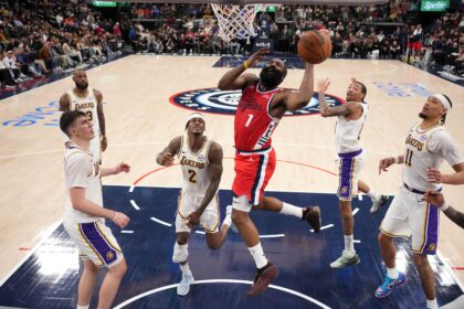 Dec 20, 2025; Inglewood, California, USA; LA Clippers guard James Harden (1) shoots the ball against the Los Angeles Lakers in the second half at Intuit Dome. Mandatory Credit: Kirby Lee-Imagn Images