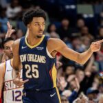Dec 27, 2025; New Orleans, Louisiana, USA; New Orleans Pelicans forward Trey Murphy III (25) reacts to making a three-point basket against the Phoenix Suns during the first half at Smoothie King Center. Mandatory Credit: Stephen Lew-Imagn Images