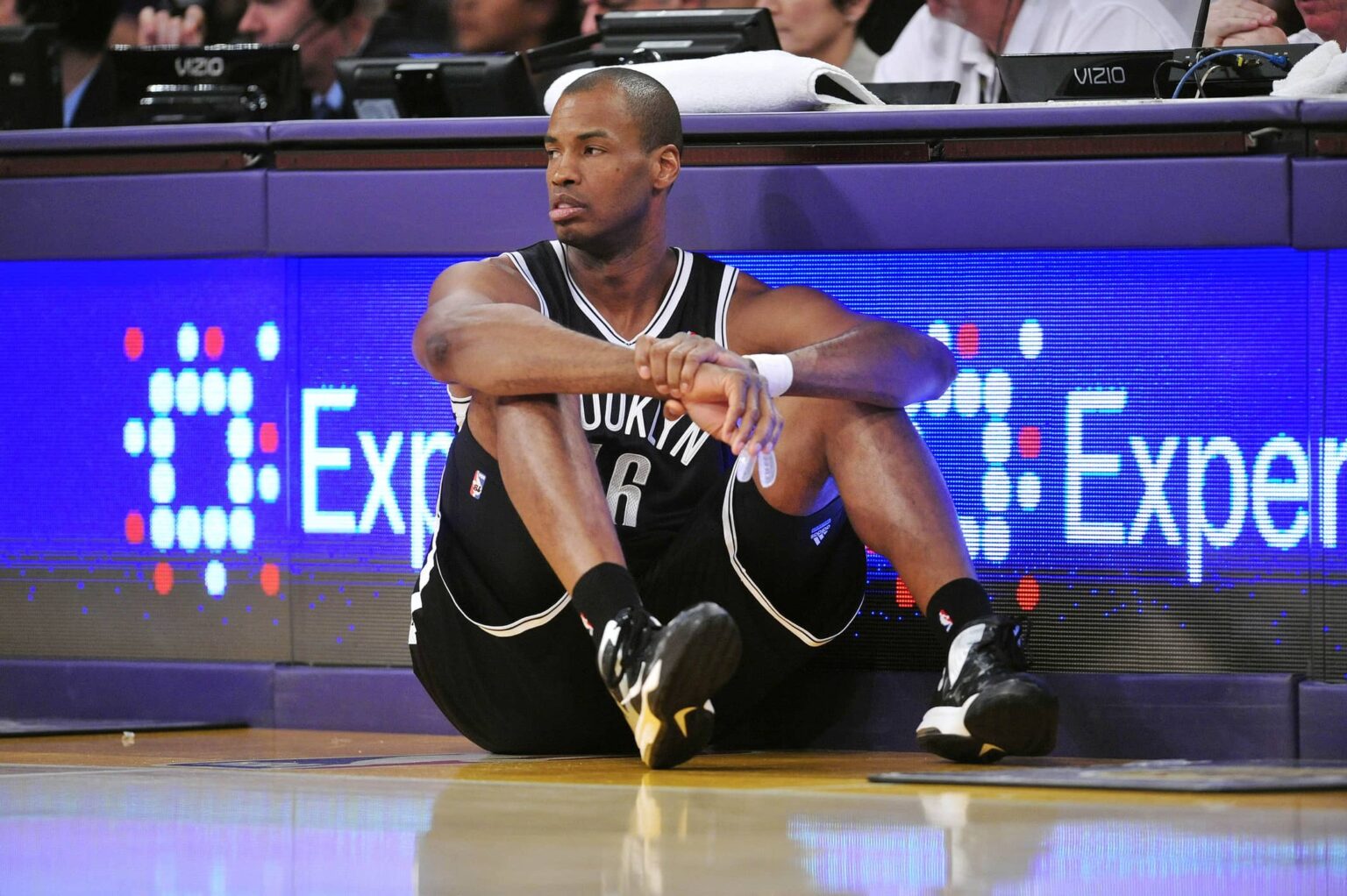 February 23, 2014; Los Angeles, CA, USA; Brooklyn Nets center Jason Collins (46) waits to enter the game against the Los Angeles Lakers during the second half at Staples Center. Mandatory Credit: Gary A. Vasquez-Imagn Images